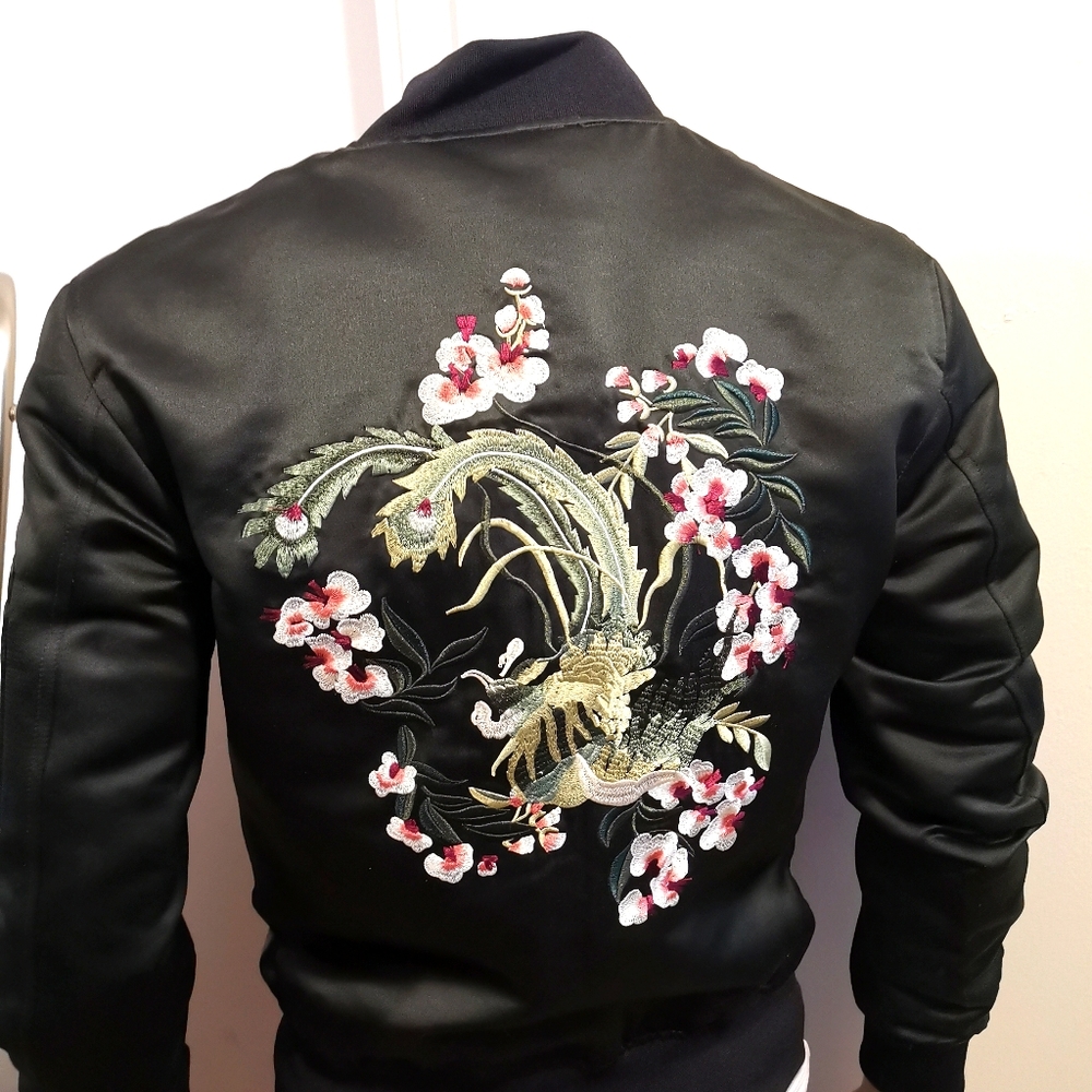 💎Rare Zara MAN Satin Bomber Jacket M Floral Embroidery